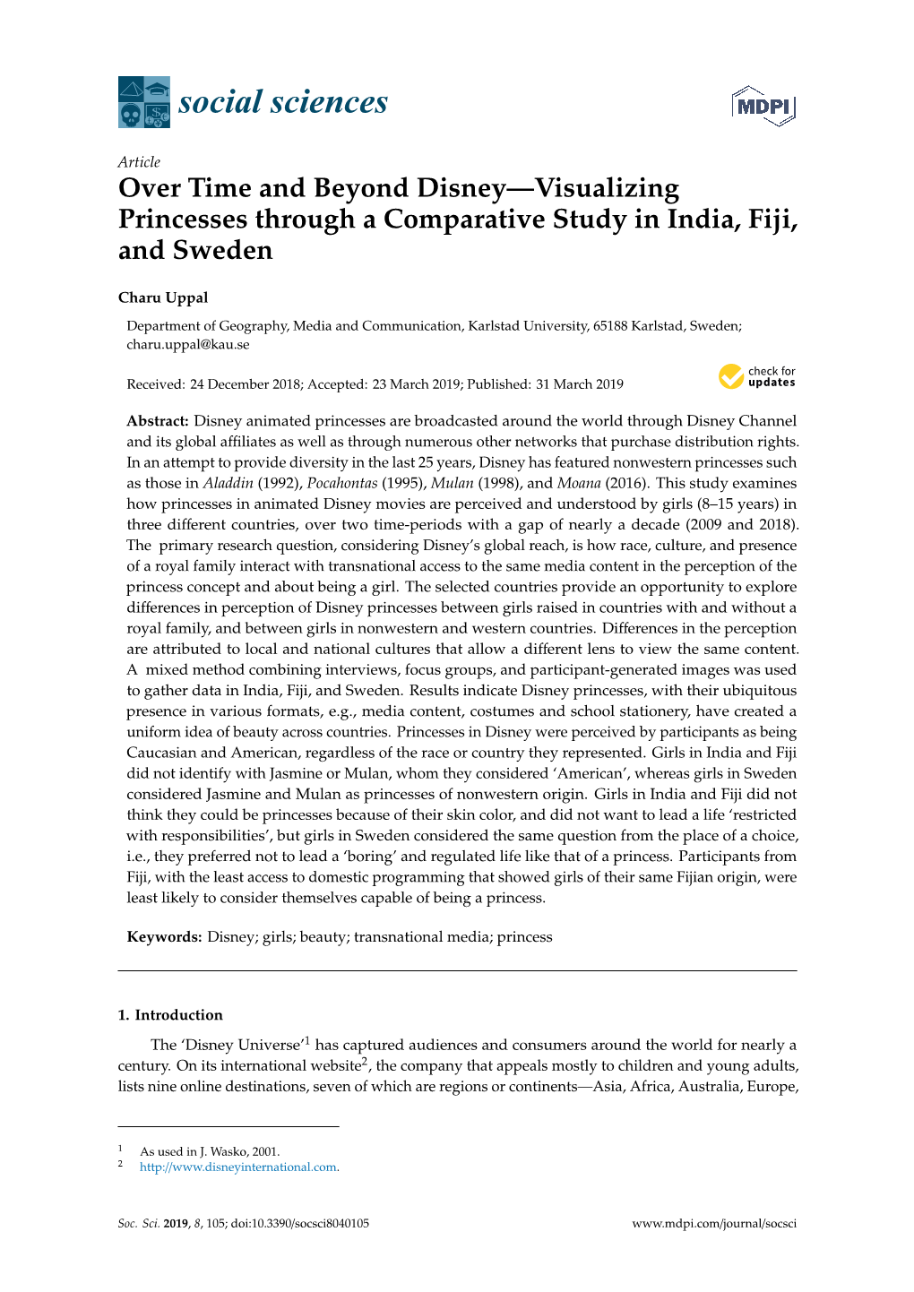 Over Time and Beyond Disney—Visualizing Princesses Through a Comparative Study in India, Fiji, and Sweden