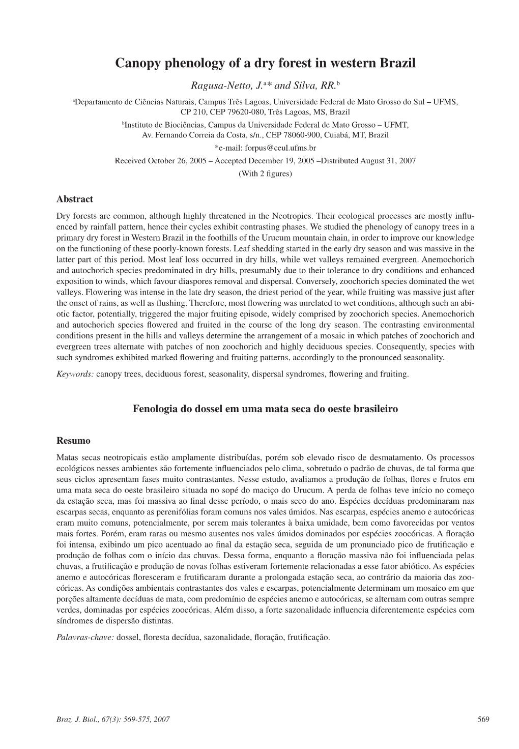 Canopy Phenology of a Dry Forest in Western Brazil