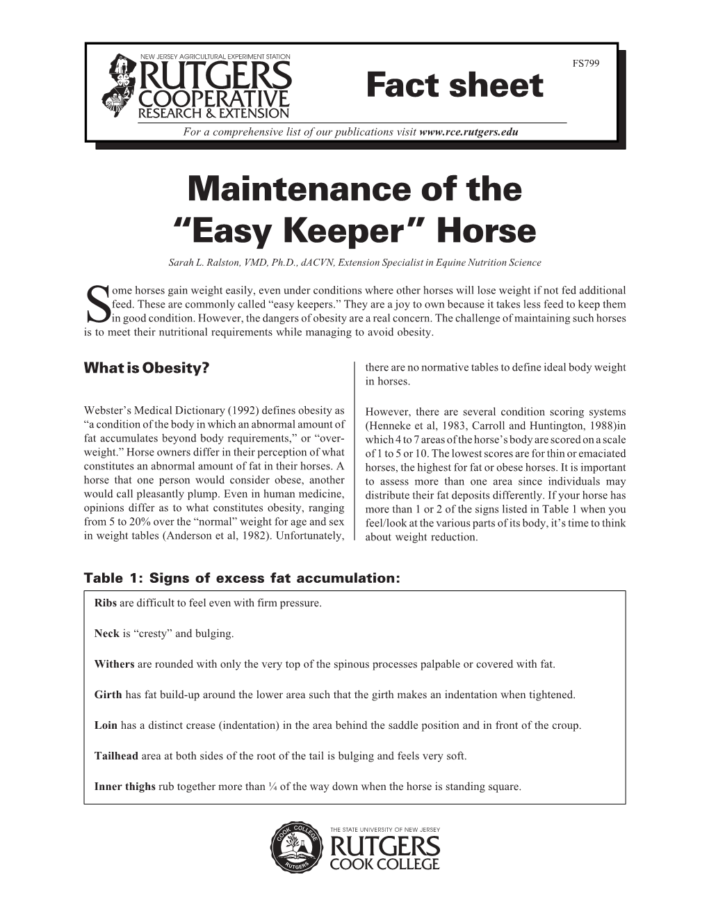 Maintenance of the “Easy Keeper” Horse Sarah L