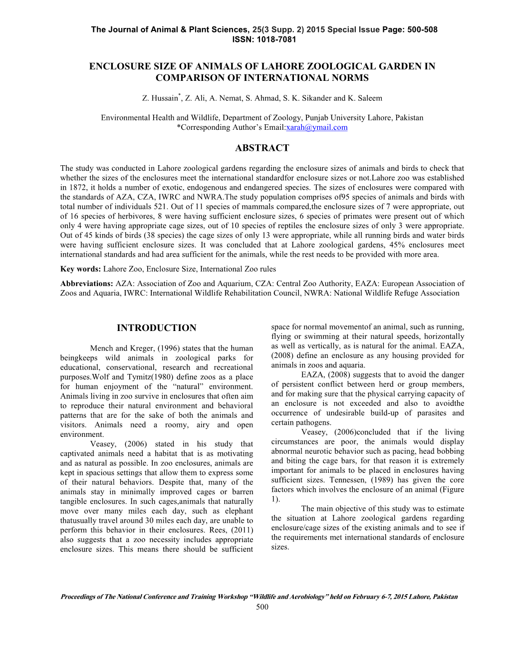 Enclosure Size of Animals of Lahore Zoological Garden in Comparison of International Norms Abstract Introduction