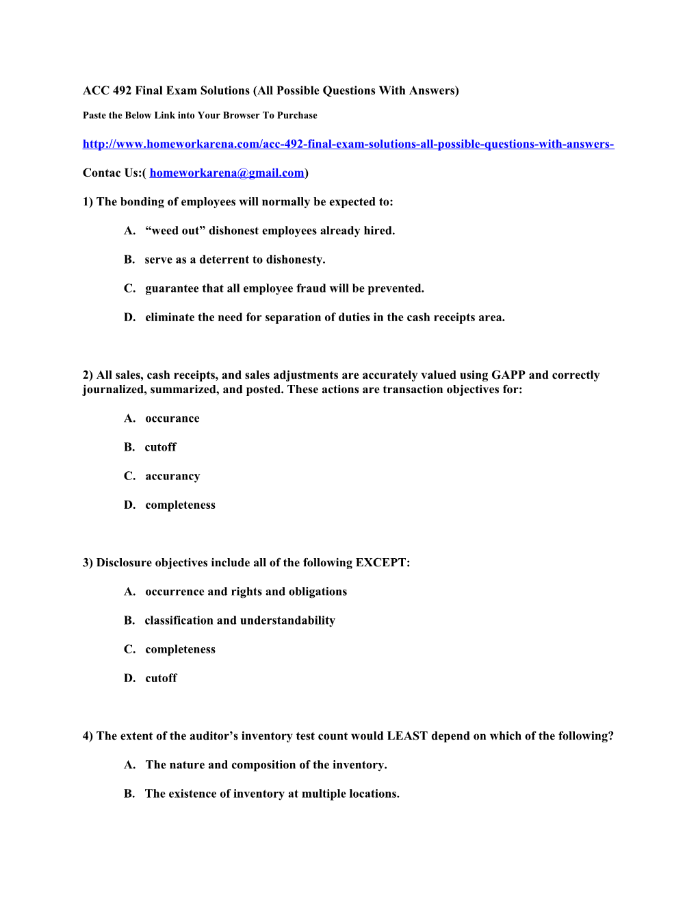 ACC 492 Final Exam Solutions (All Possible Questions with Answers)