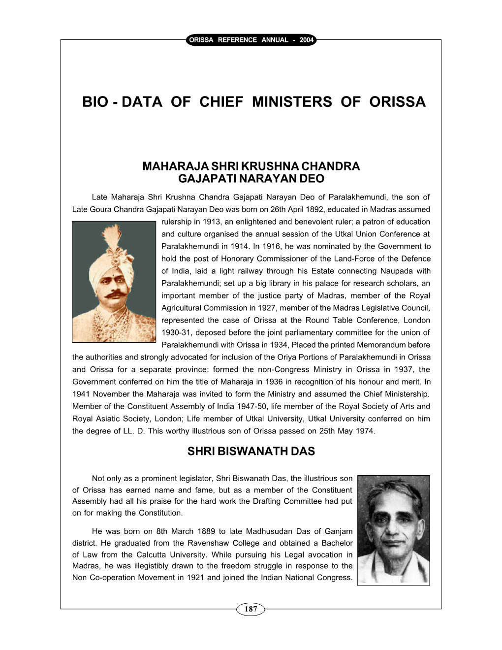 Bio - Data of Chief Ministers of Orissa