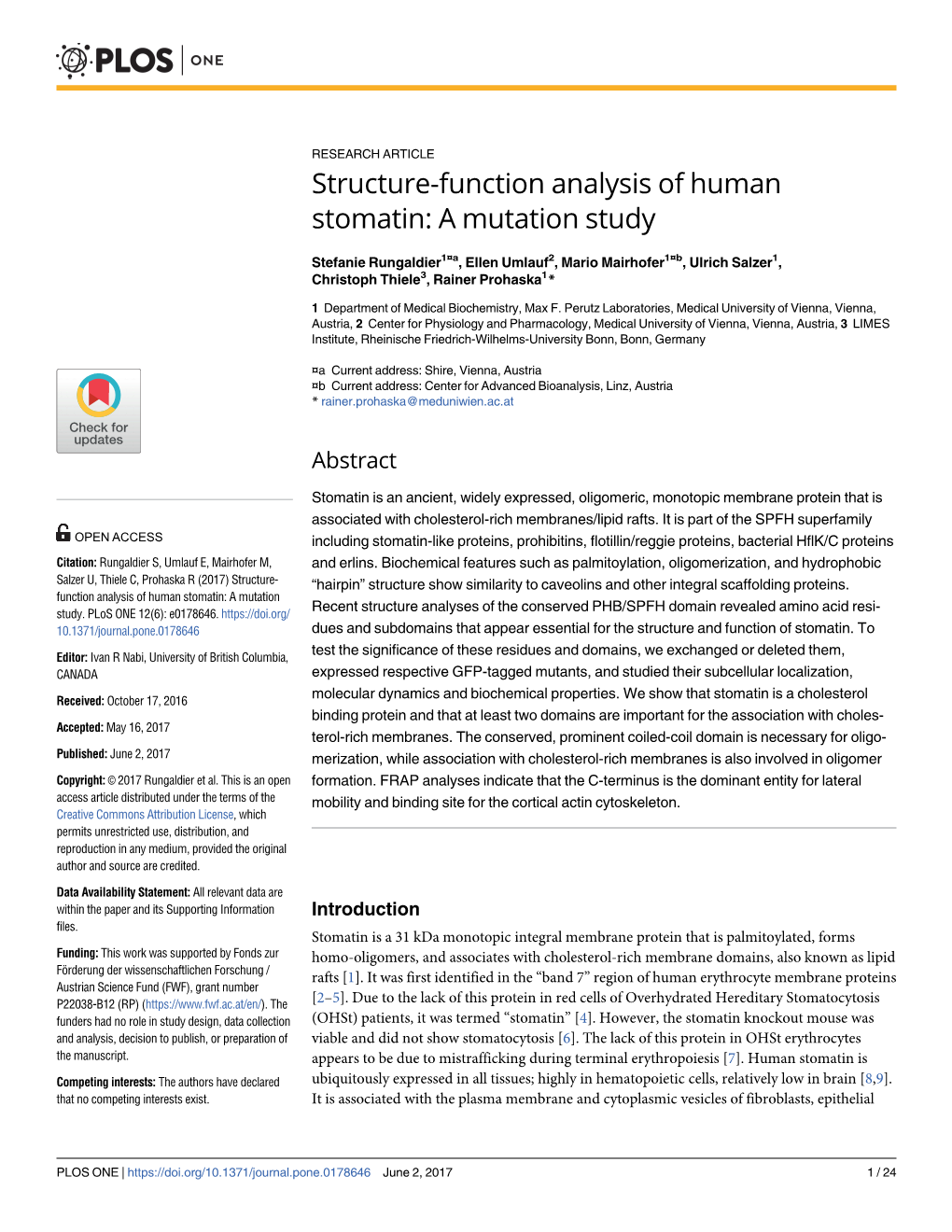 Structure-Function Analysis of Human Stomatin: a Mutation Study