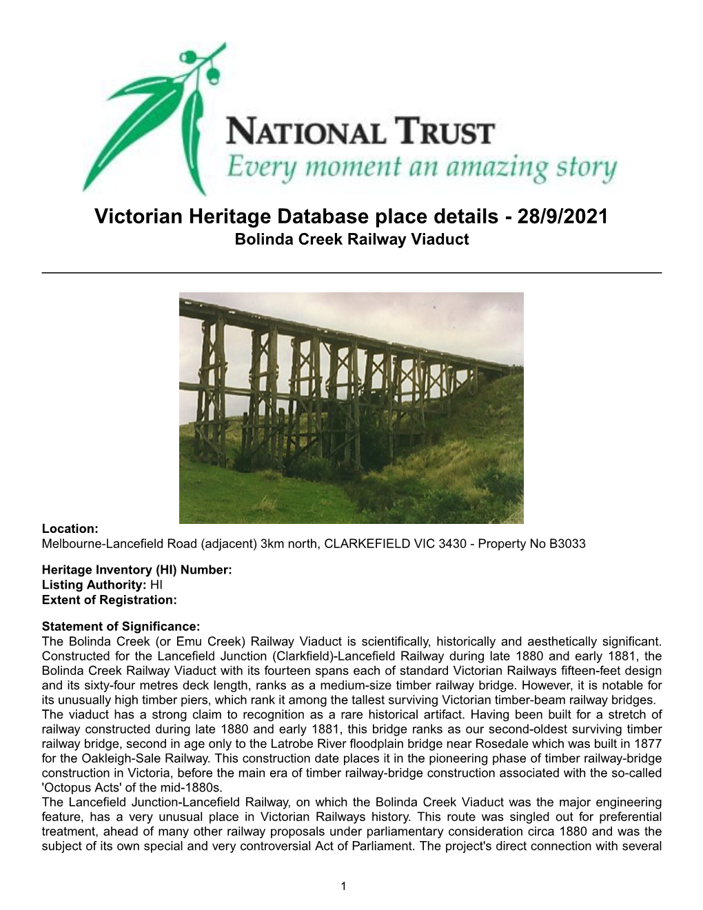 Victorian Heritage Database Place Details - 28/9/2021 Bolinda Creek Railway Viaduct