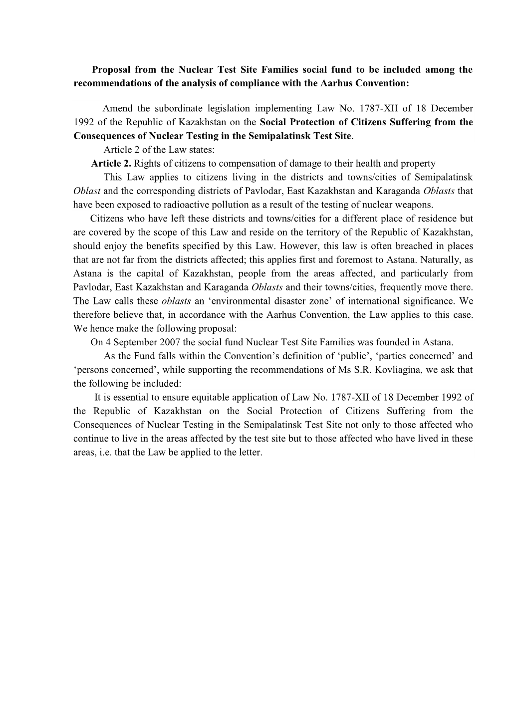 Proposal from the Nuclear Test Site Families Social Fund to Be Included Among the Recommendations of the Analysis of Compliance with the Aarhus Convention