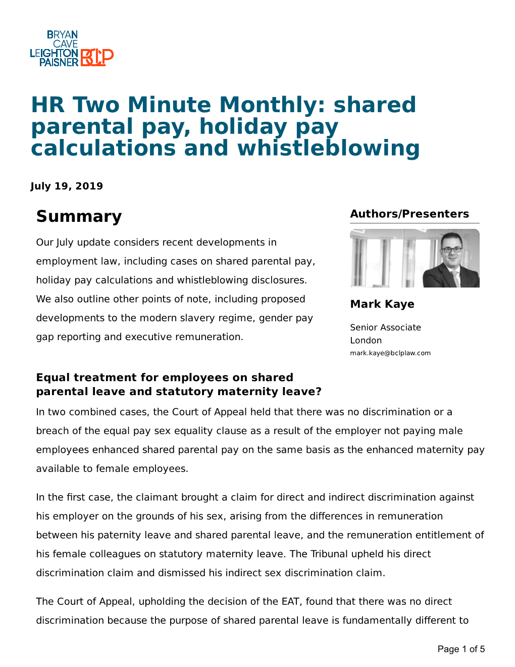 Shared Parental Pay, Holiday Pay Calculations and Whistleblowing