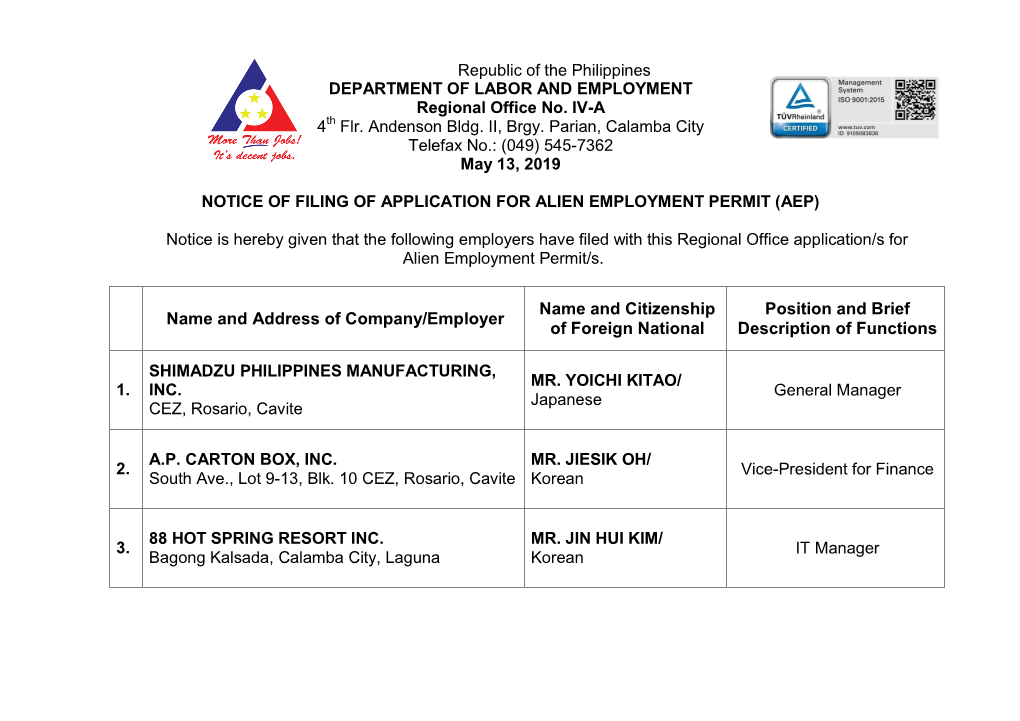 Republic of the Philippines DEPARTMENT of LABOR and EMPLOYMENT Regional Office No