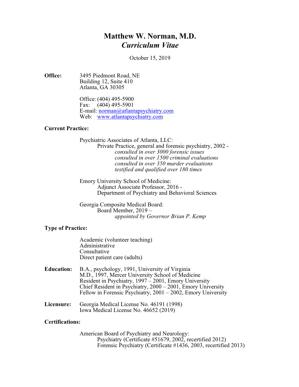 Matthew W. Norman, M.D. Curriculum Vitae