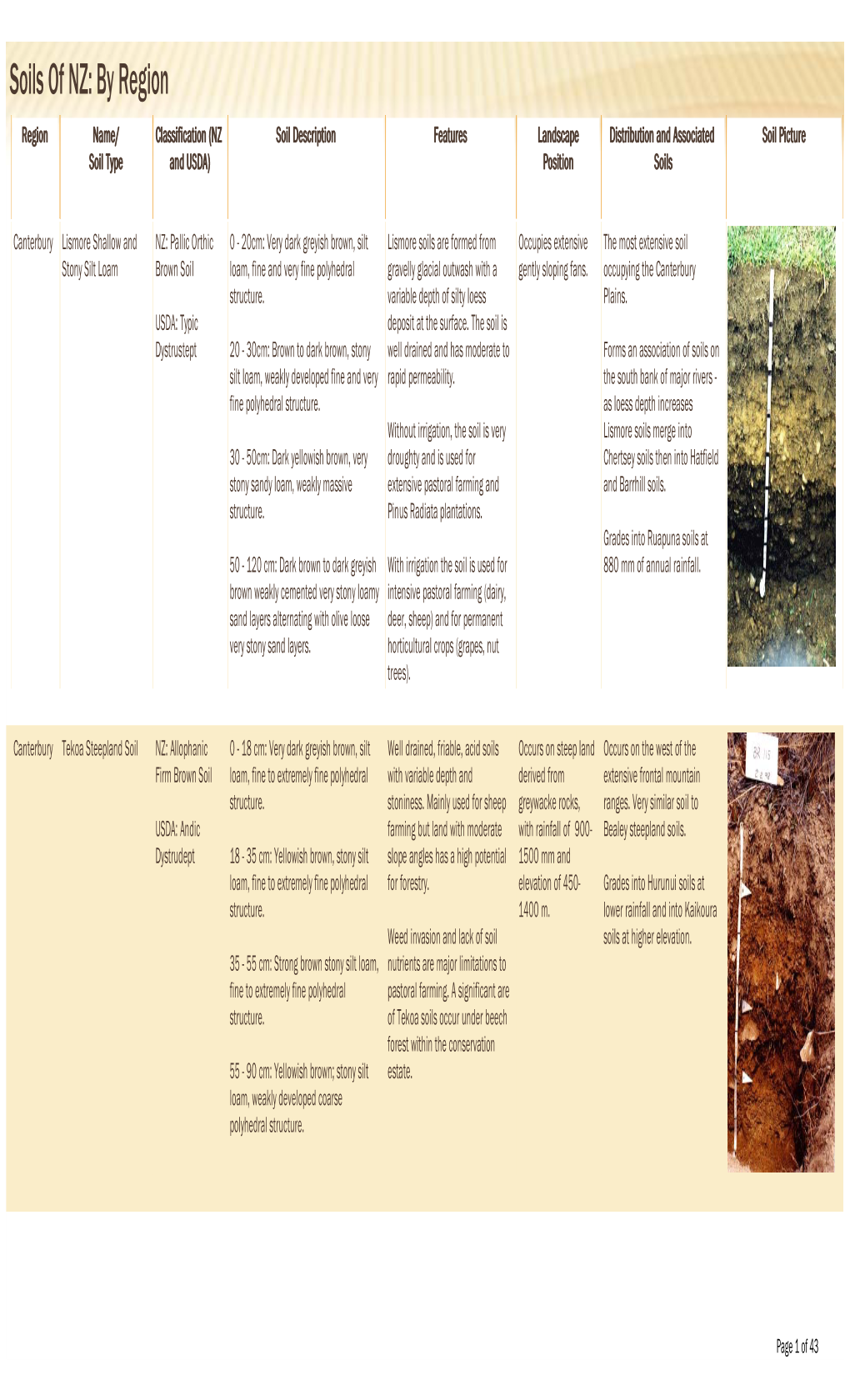 Soils of NZ: by Region Region Name/ Classification (NZ Soil Description Features Landscape Distribution and Associated Soil Picture Soil Type and USDA) Position Soils