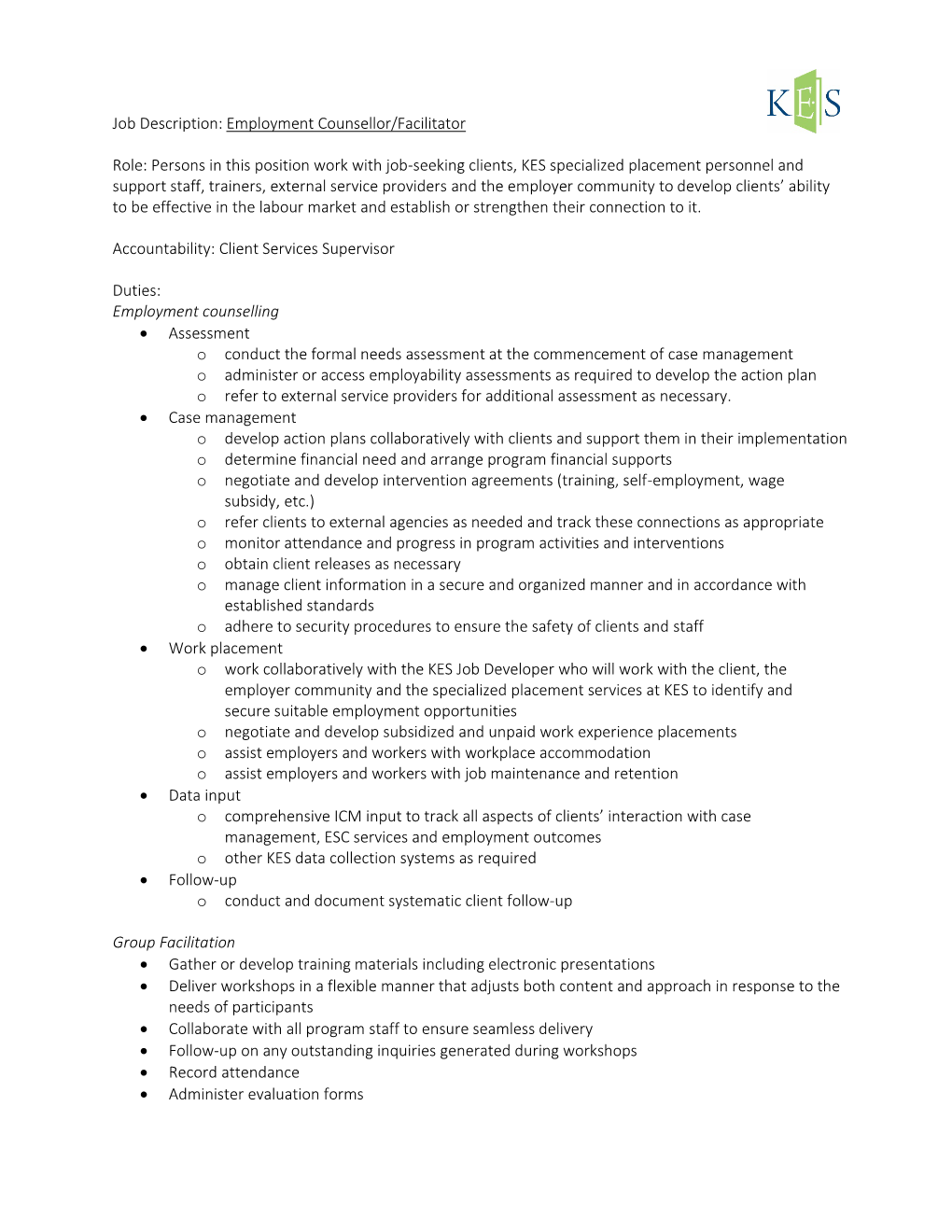 Job Description: Employment Counsellor/Facilitator Role