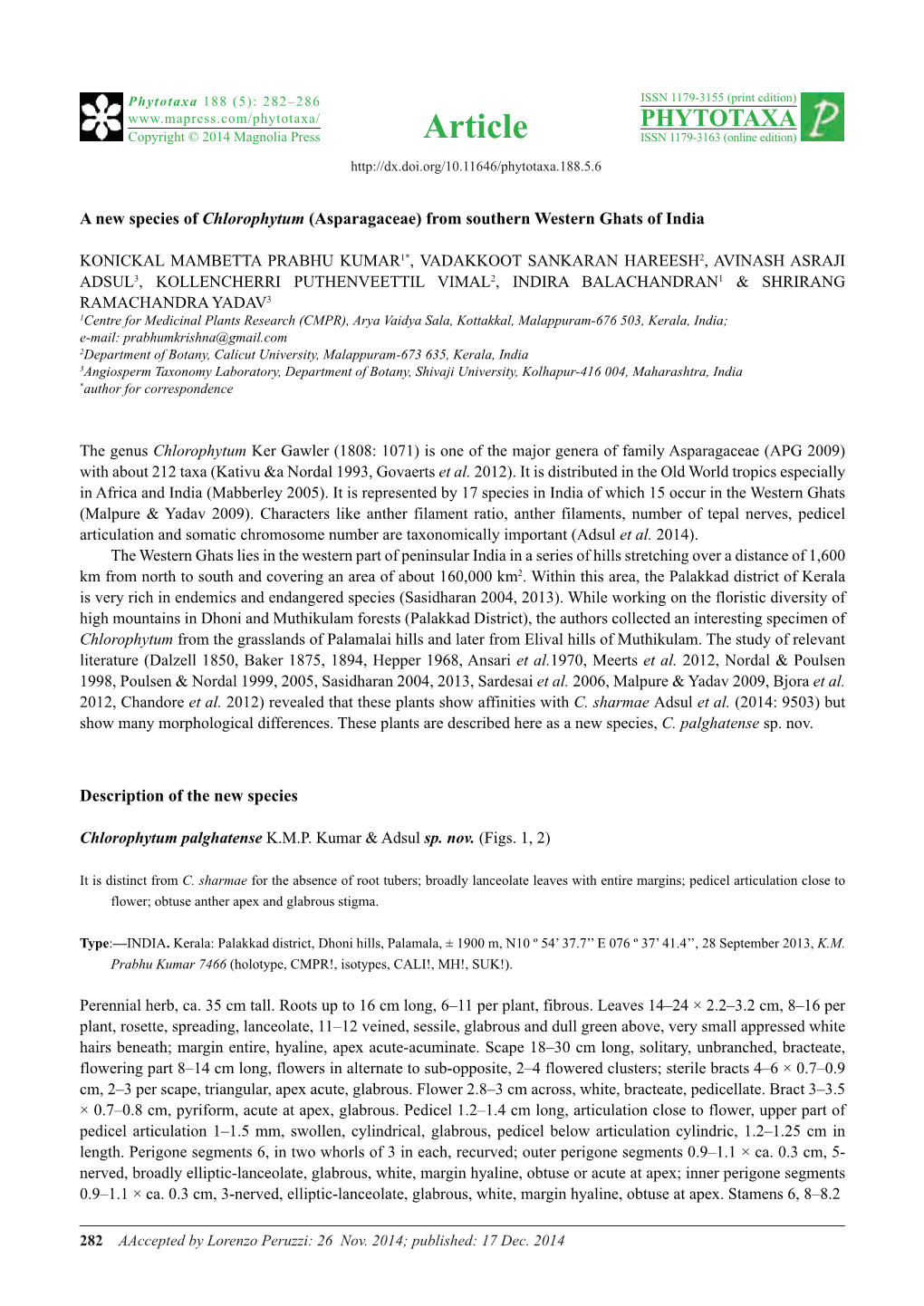 A New Species of Chlorophytum (Asparagaceae) from Southern Western Ghats of India