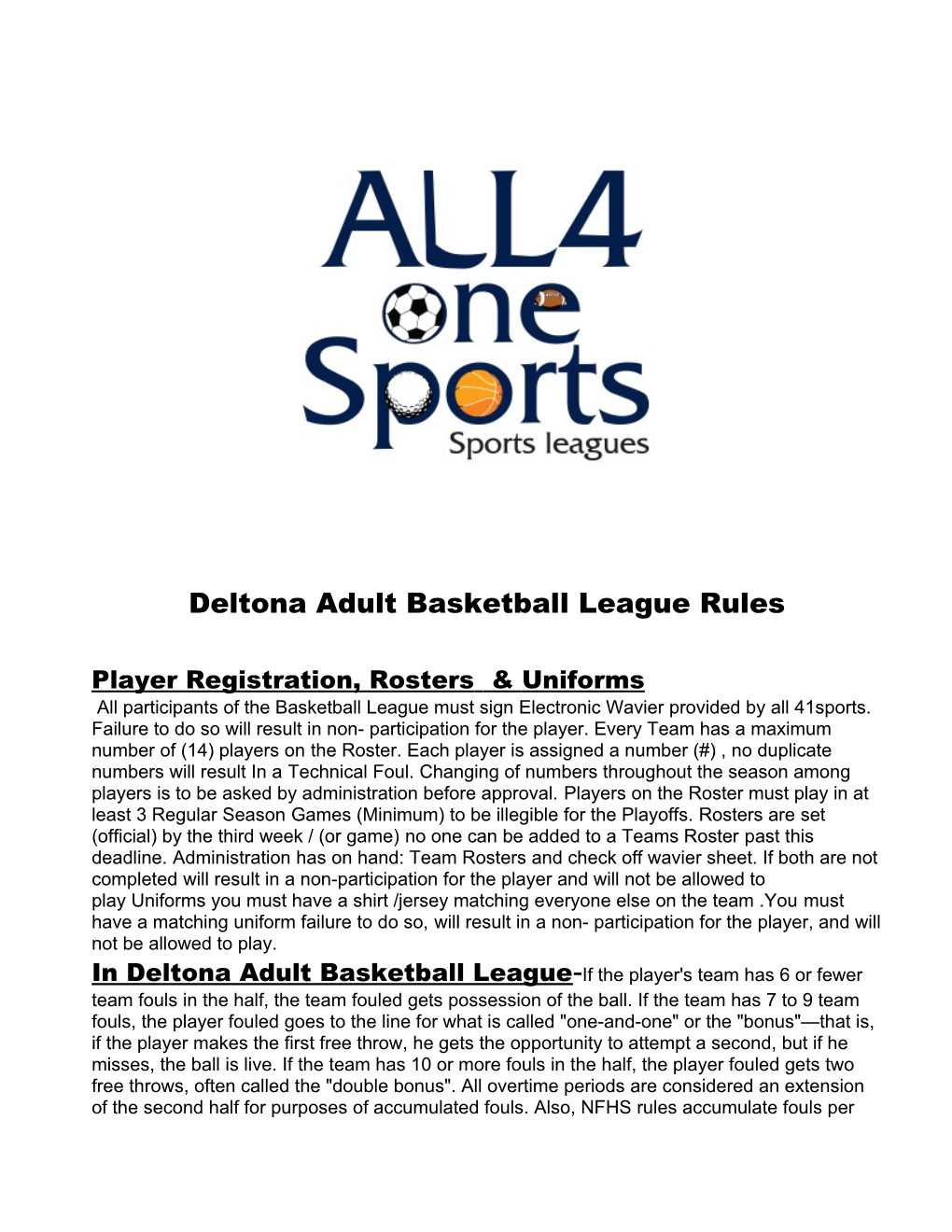 Deltona Adult Basketball League Rules