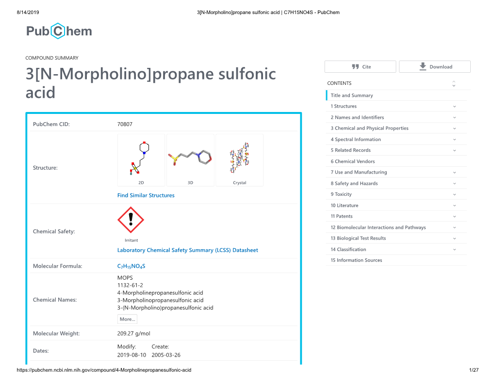 3[N-Morpholino]Propane Sulfonic Acid | C7H15NO4S - Pubchem