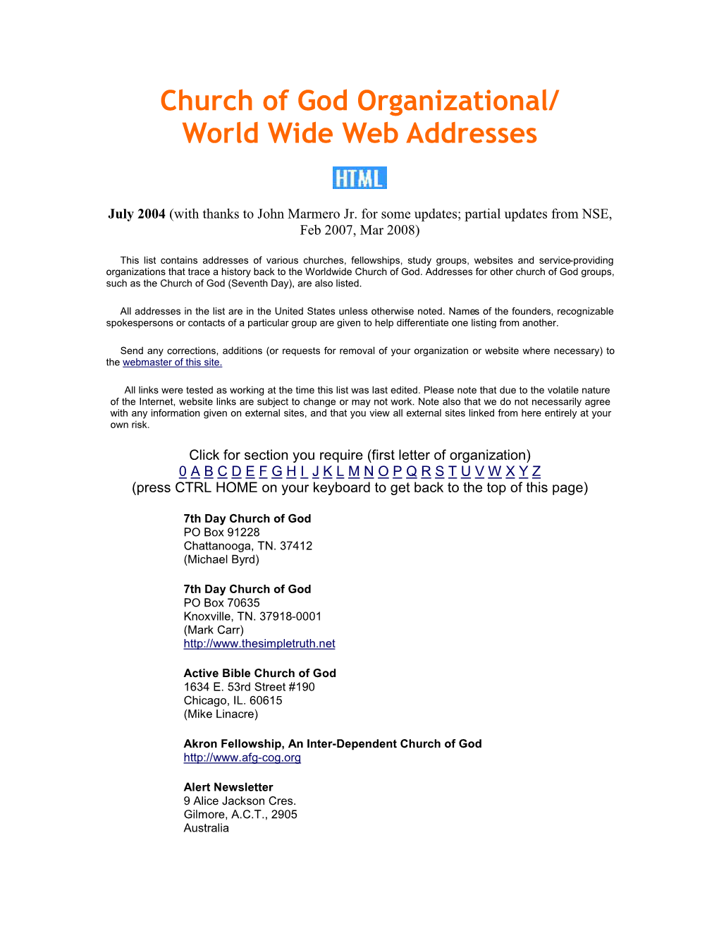 Church of God Organizational/ World Wide Web Addresses