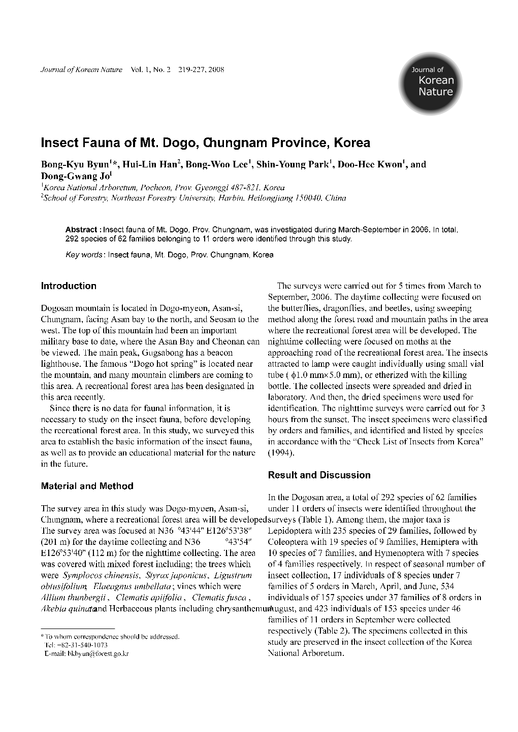 Insect Fauna of Mt. Dogo, Chungnam Province, Korea