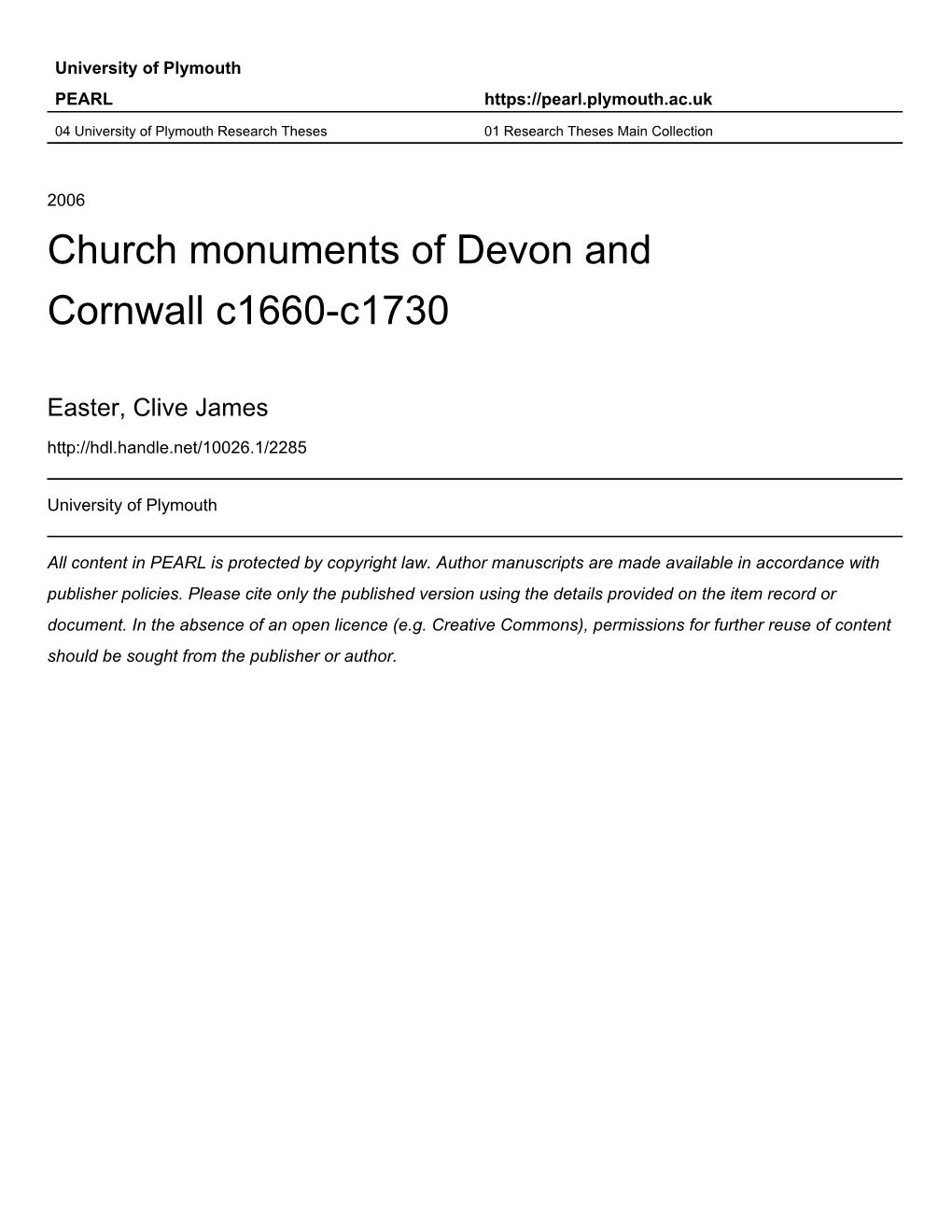 CHURCH MONUMENTS of DEVON and CORNWALL Cl660-Cl730