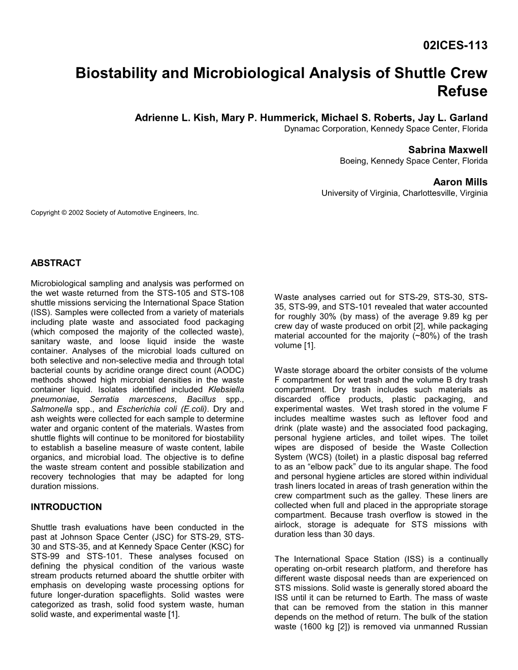 Biostability and Microbiological Analysis of Shuttle Crew Refuse