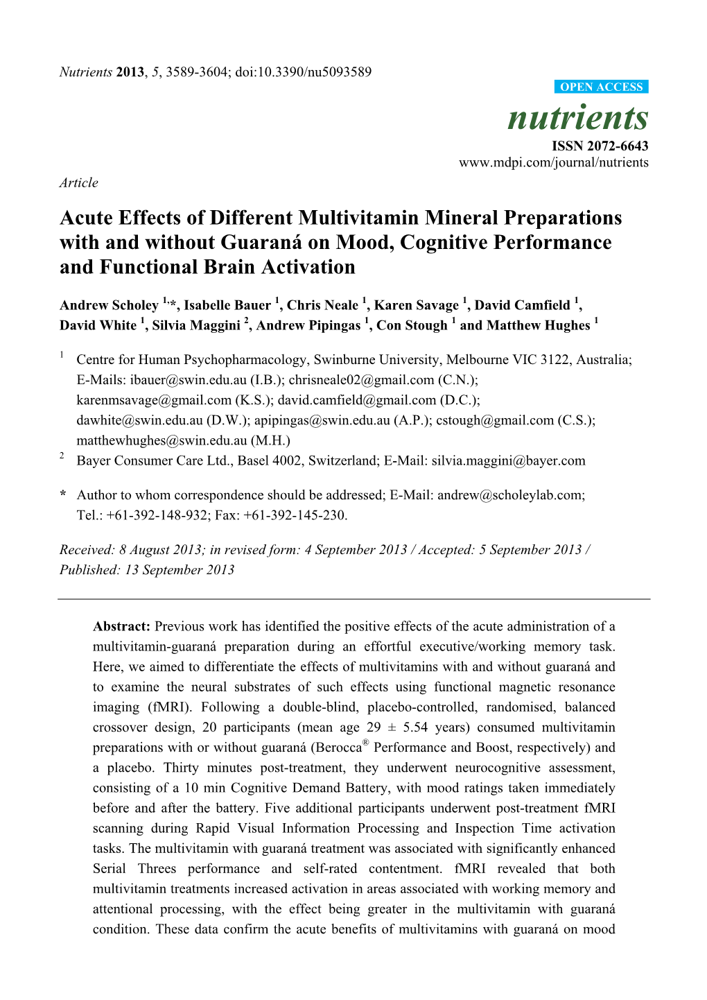 Acute Effects of Different Multivitamin Mineral Preparations with and Without Guaraná on Mood, Cognitive Performance and Functional Brain Activation