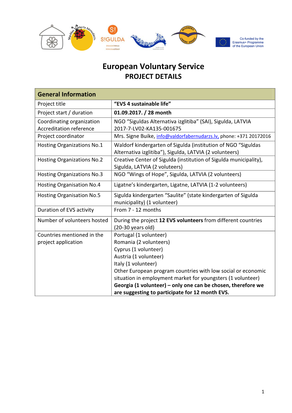 European Voluntary Service PROJECT DETAILS