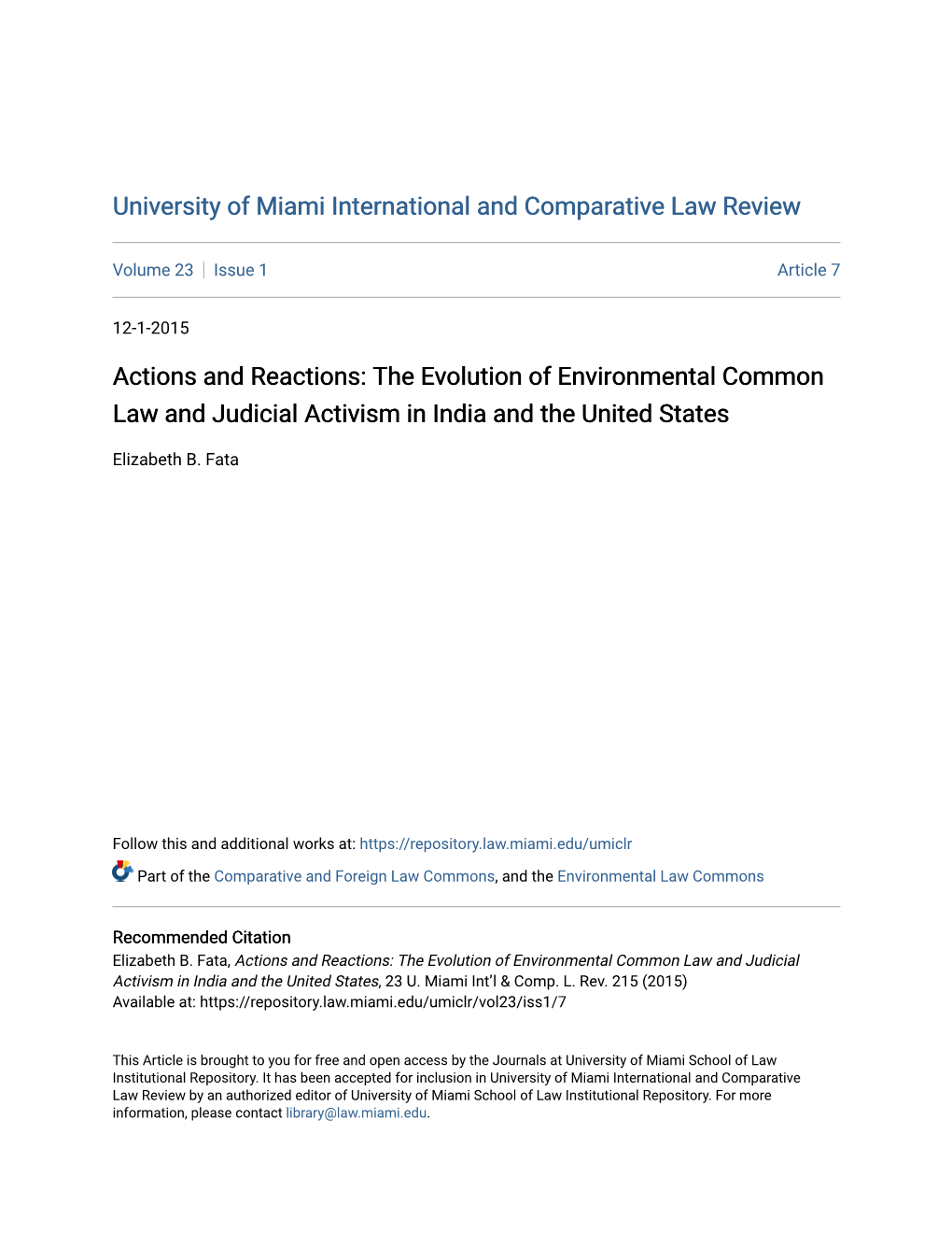 Actions and Reactions: the Evolution of Environmental Common Law and Judicial Activism in India and the United States
