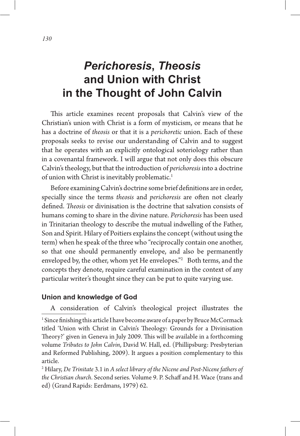 Perichoresis, Theosis and Union with Christ in the Thought of John Calvin