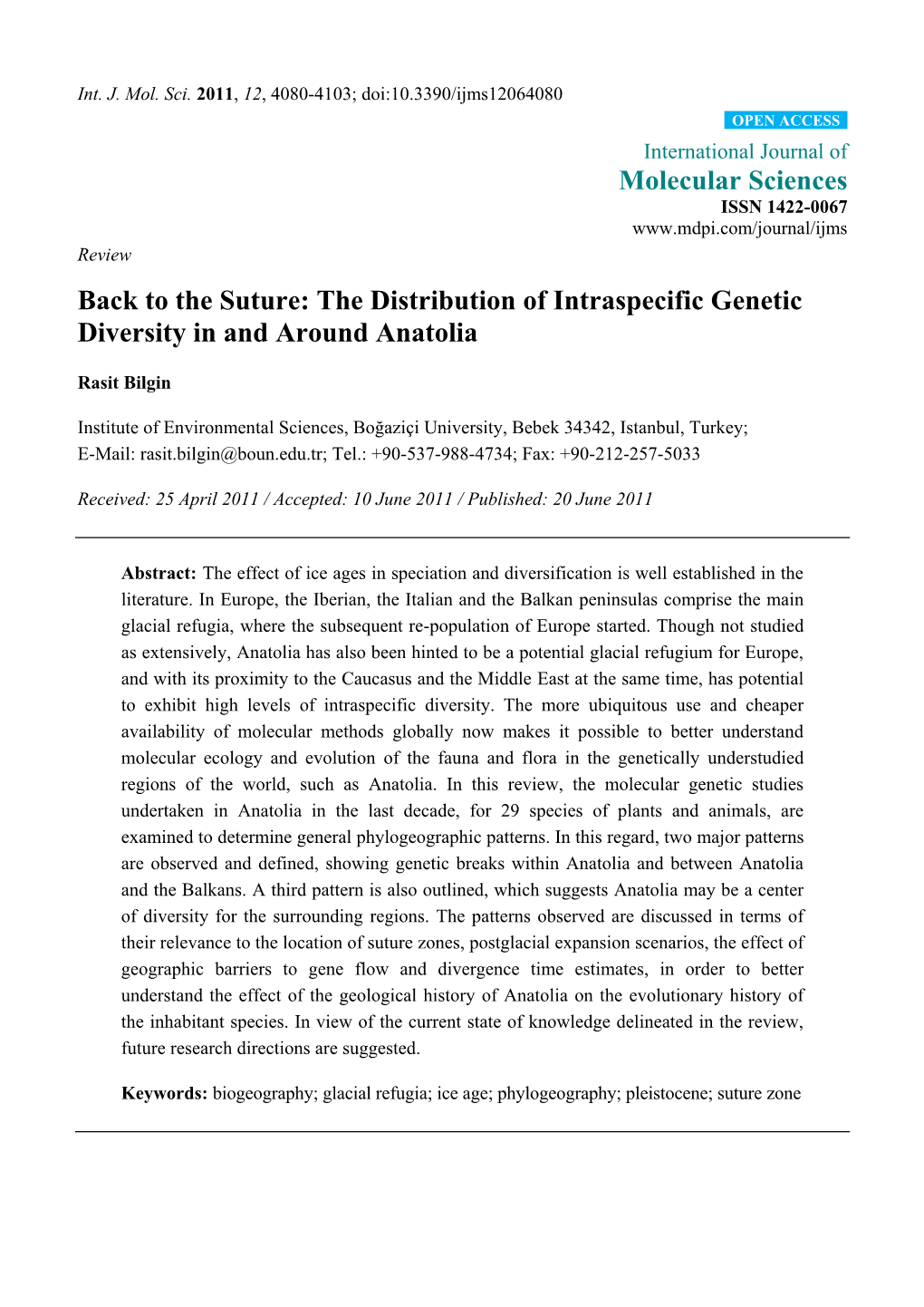 The Distribution of Intraspecific Genetic Diversity in and Around Anatolia