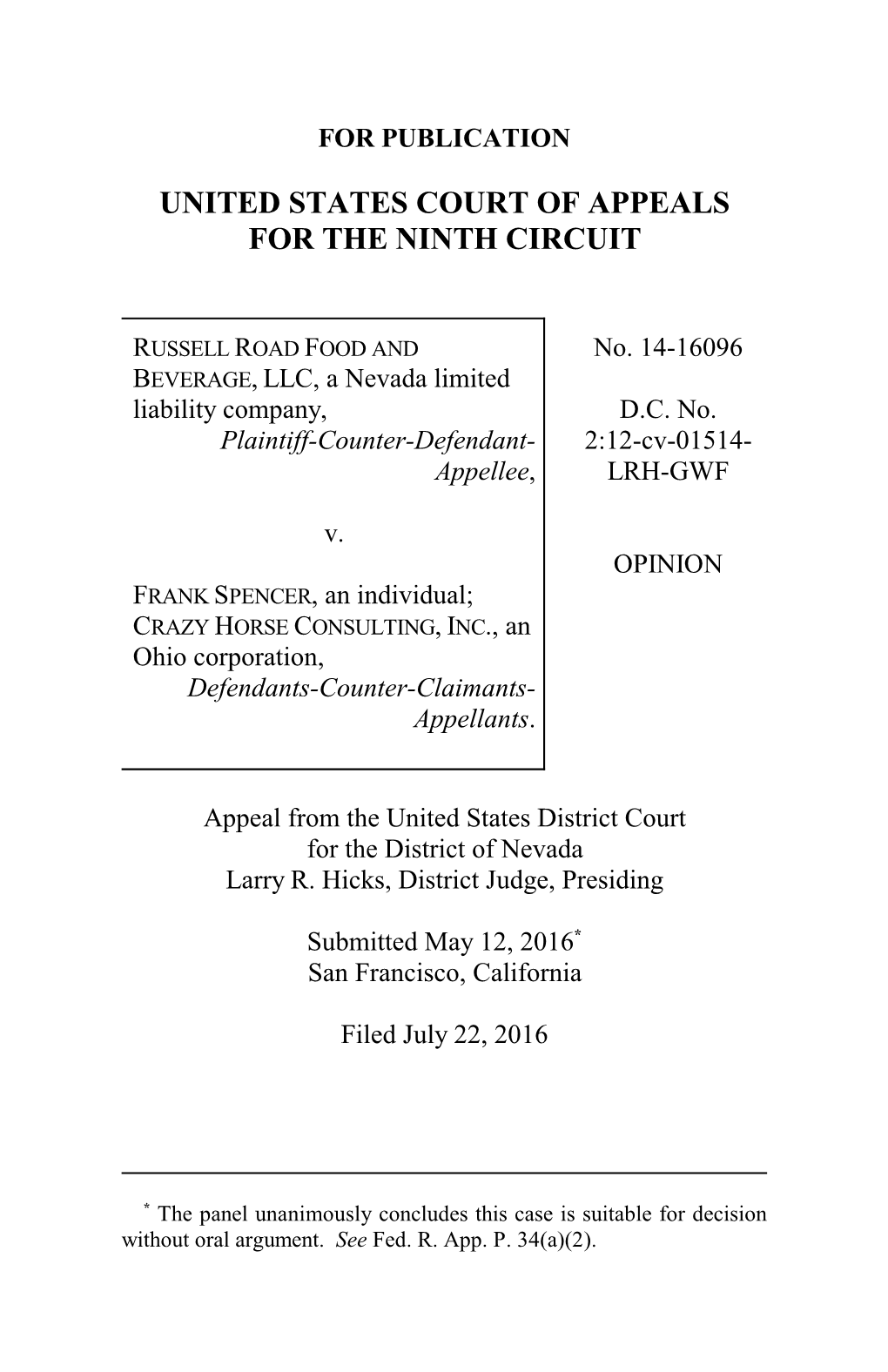 No. 14-16096 BEVERAGE, LLC, a Nevada Limited Liability Company, D.C