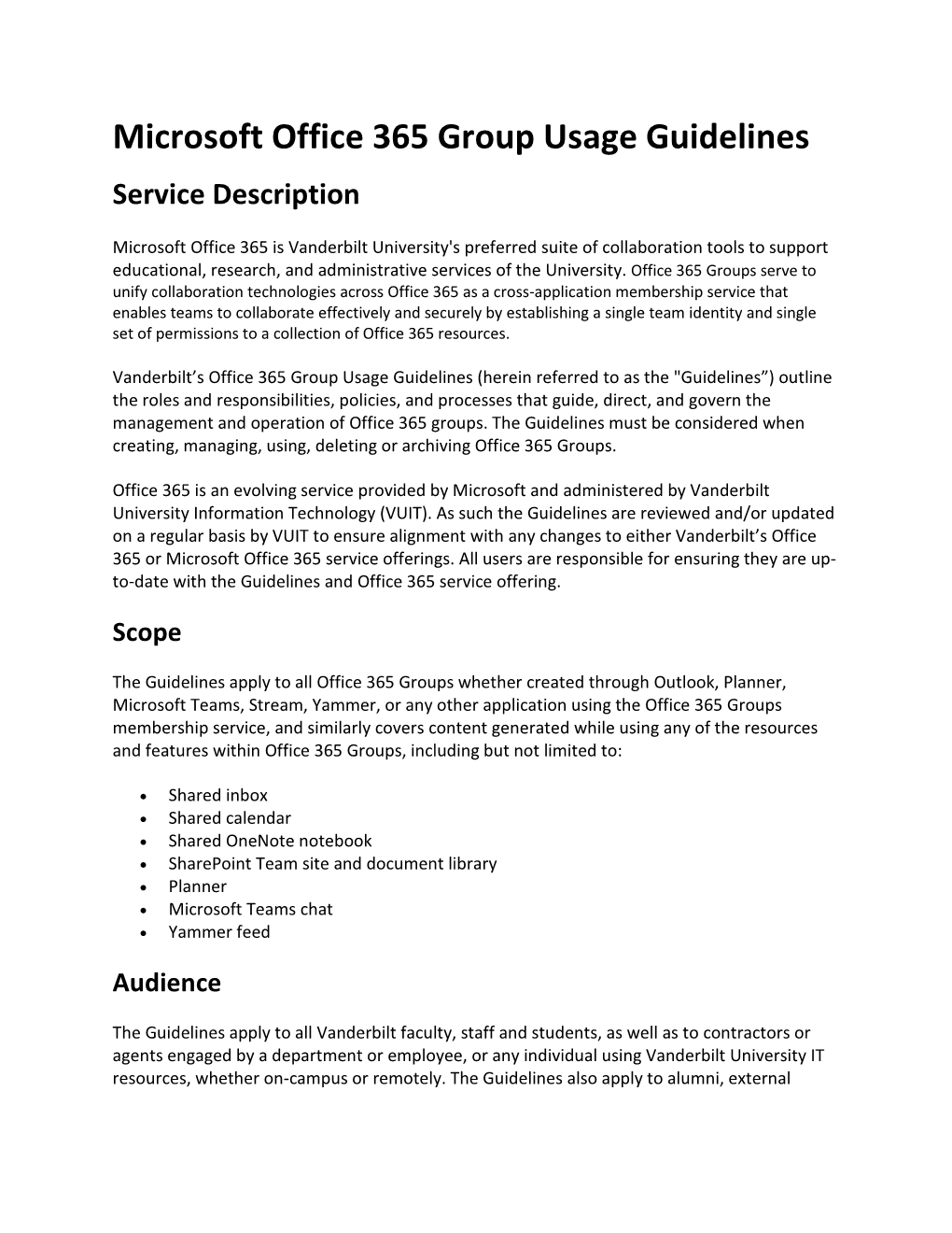 Microsoft Office 365 Group Usage Guidelines Service Description