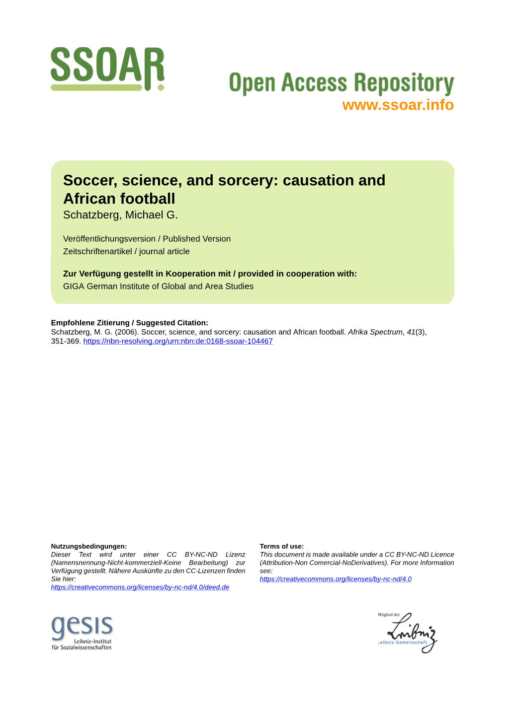 Causation and African Football Schatzberg, Michael G