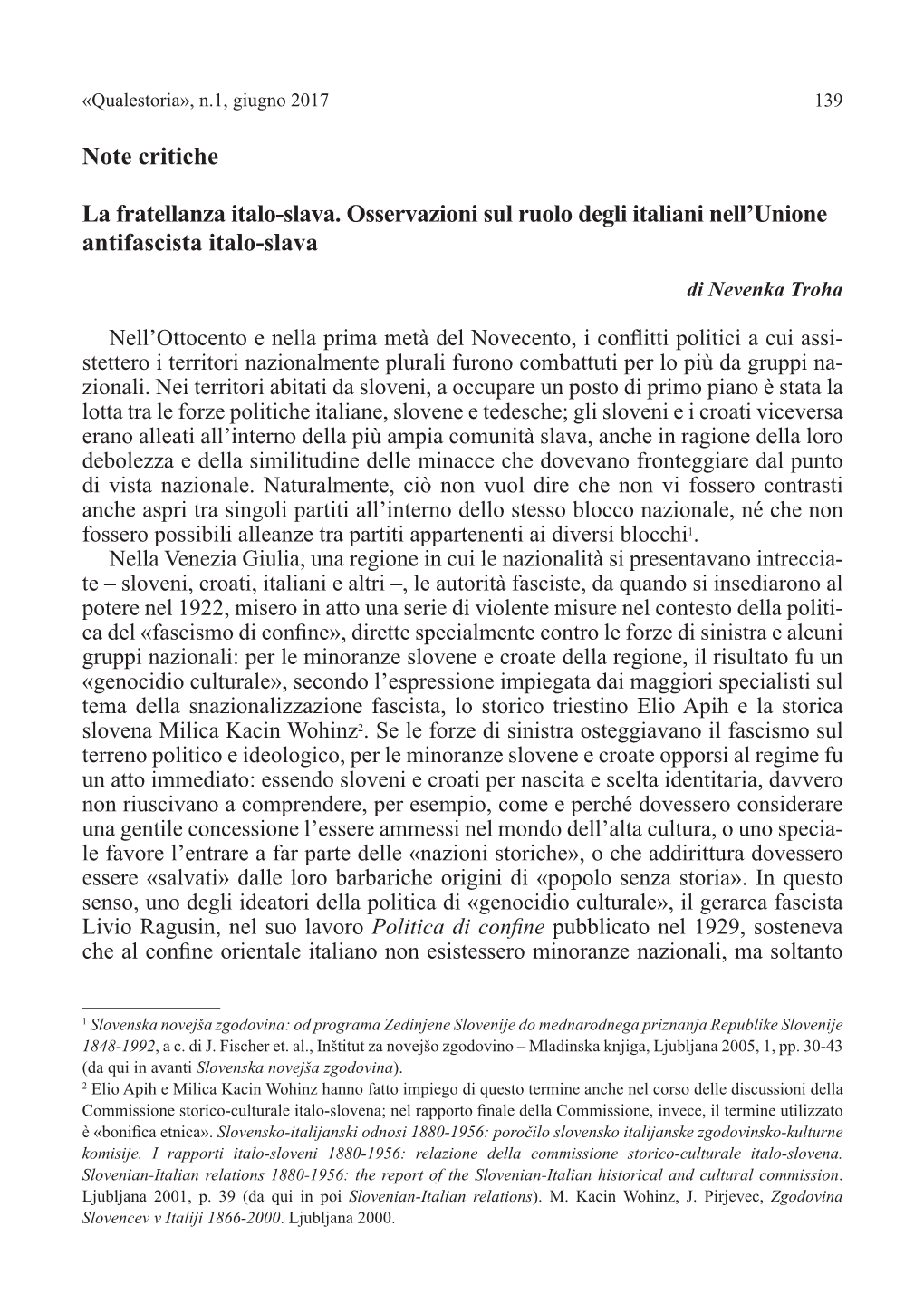 Note Critiche La Fratellanza Italo-Slava. Osservazioni Sul Ruolo