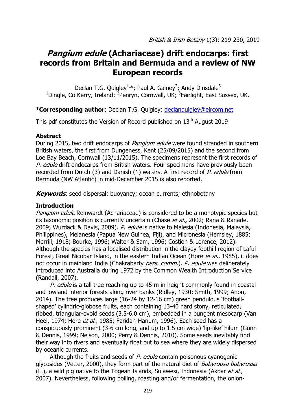 Pangium Edule (Achariaceae) Drift Endocarps: First Records from Britain and Bermuda and a Review of NW European Records