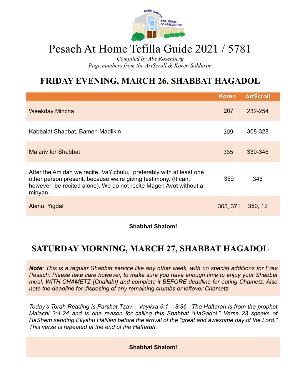 Pesach at Home Tefilla Guide 2021 / 5781 Compiled by Abe Rosenberg Page Numbers from the Artscroll & Koren Siddurim FRIDAY EVENING, MARCH 26, SHABBAT HAGADOL