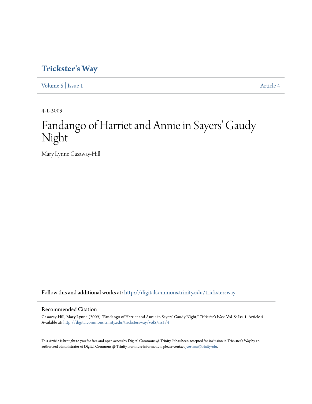 Fandango of Harriet and Annie in Sayers' Gaudy Night Mary Lynne Gasaway-Hill