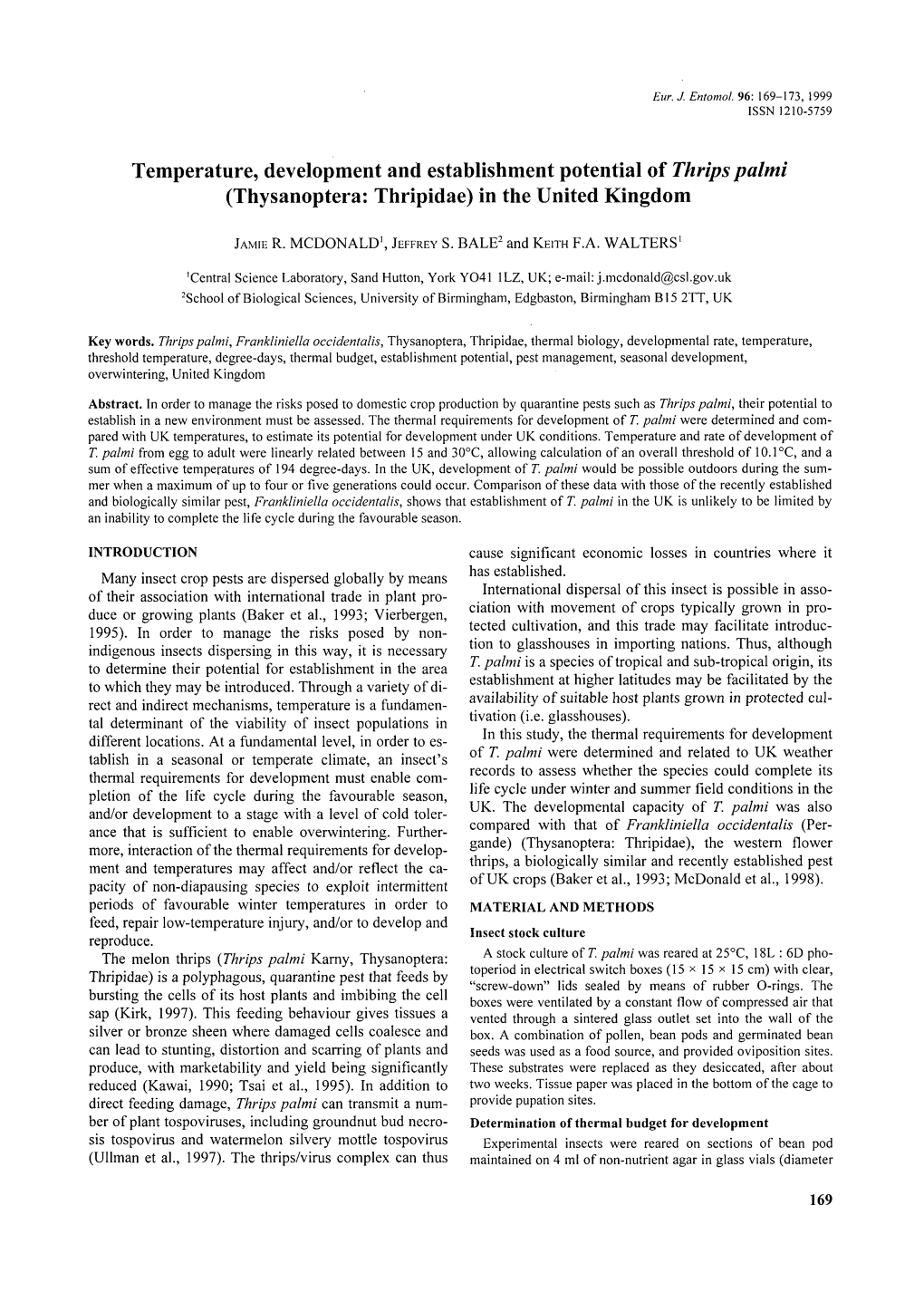 Temperature, Development and Establishment Potential of Thrips