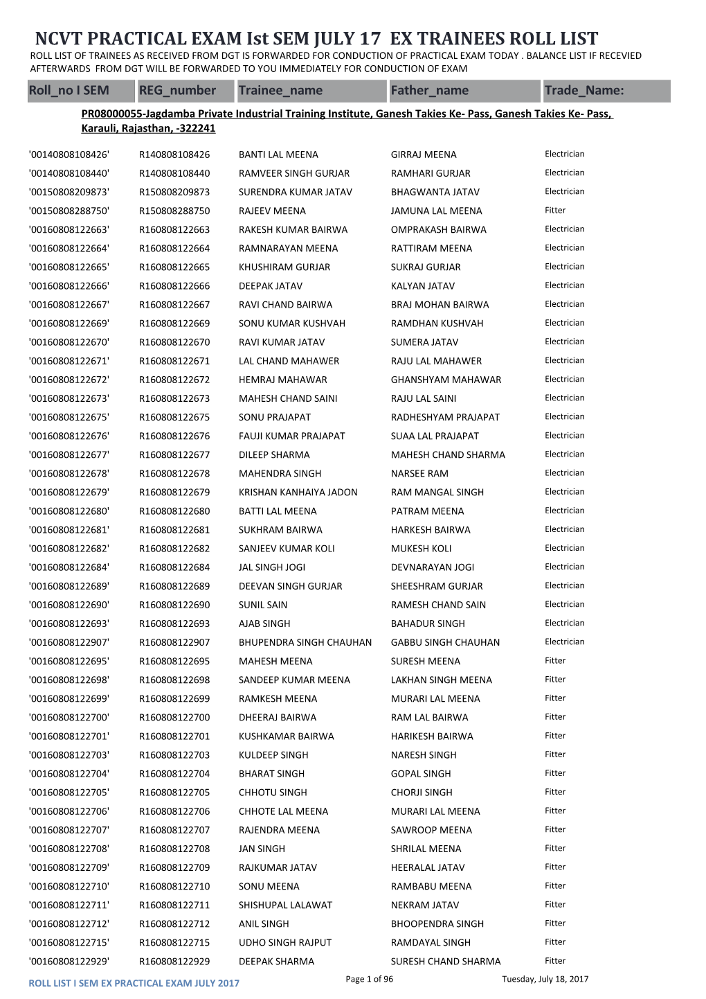 NCVT PRACTICAL EXAM Ist SEM JULY 17 EX TRAINEES ROLL LIST ROLL LIST of TRAINEES AS RECEIVED from DGT IS FORWARDED for CONDUCTION of PRACTICAL EXAM TODAY