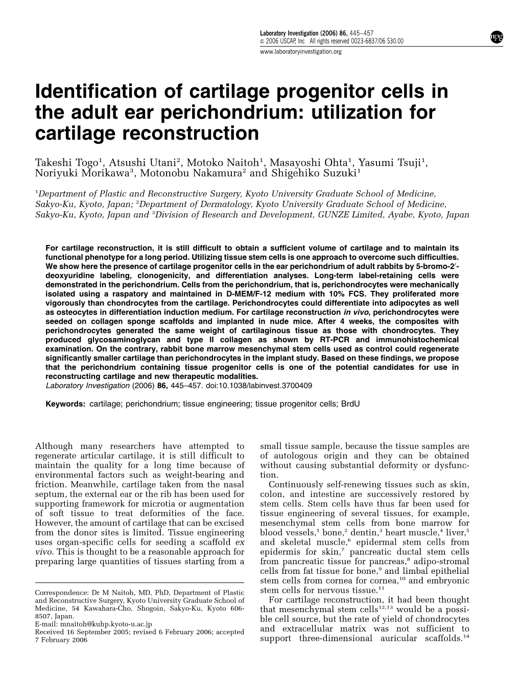 Identification of Cartilage Progenitor Cells in the Adult Ear Perichondrium: Utilization for Cartilage Reconstruction