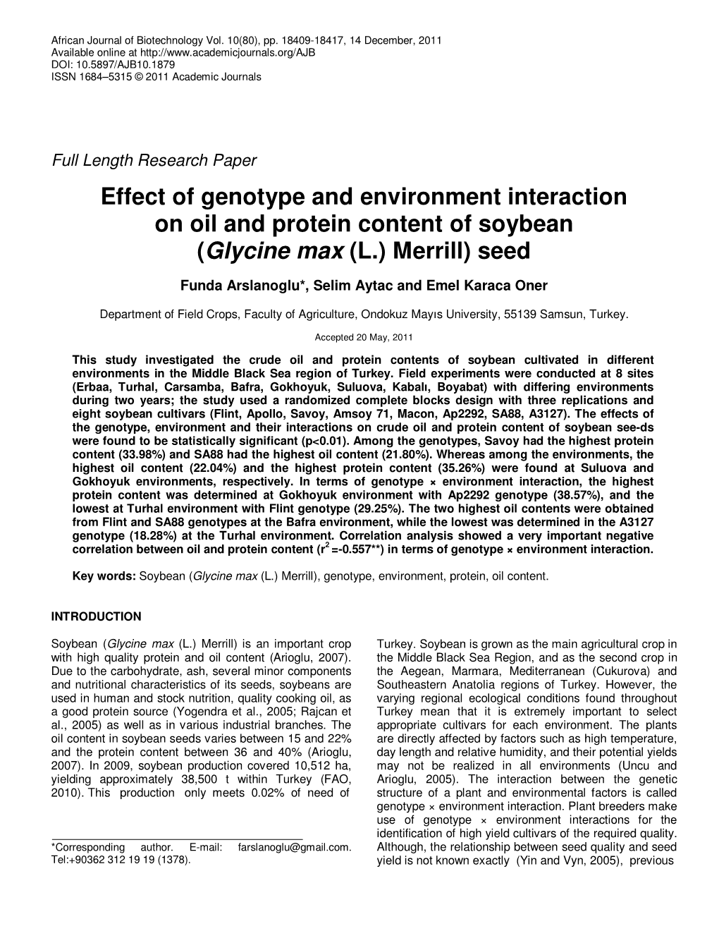 Effect of Genotype and Environment Interaction on Oil and Protein Content of Soybean (Glycine Max (L.) Merrill) Seed