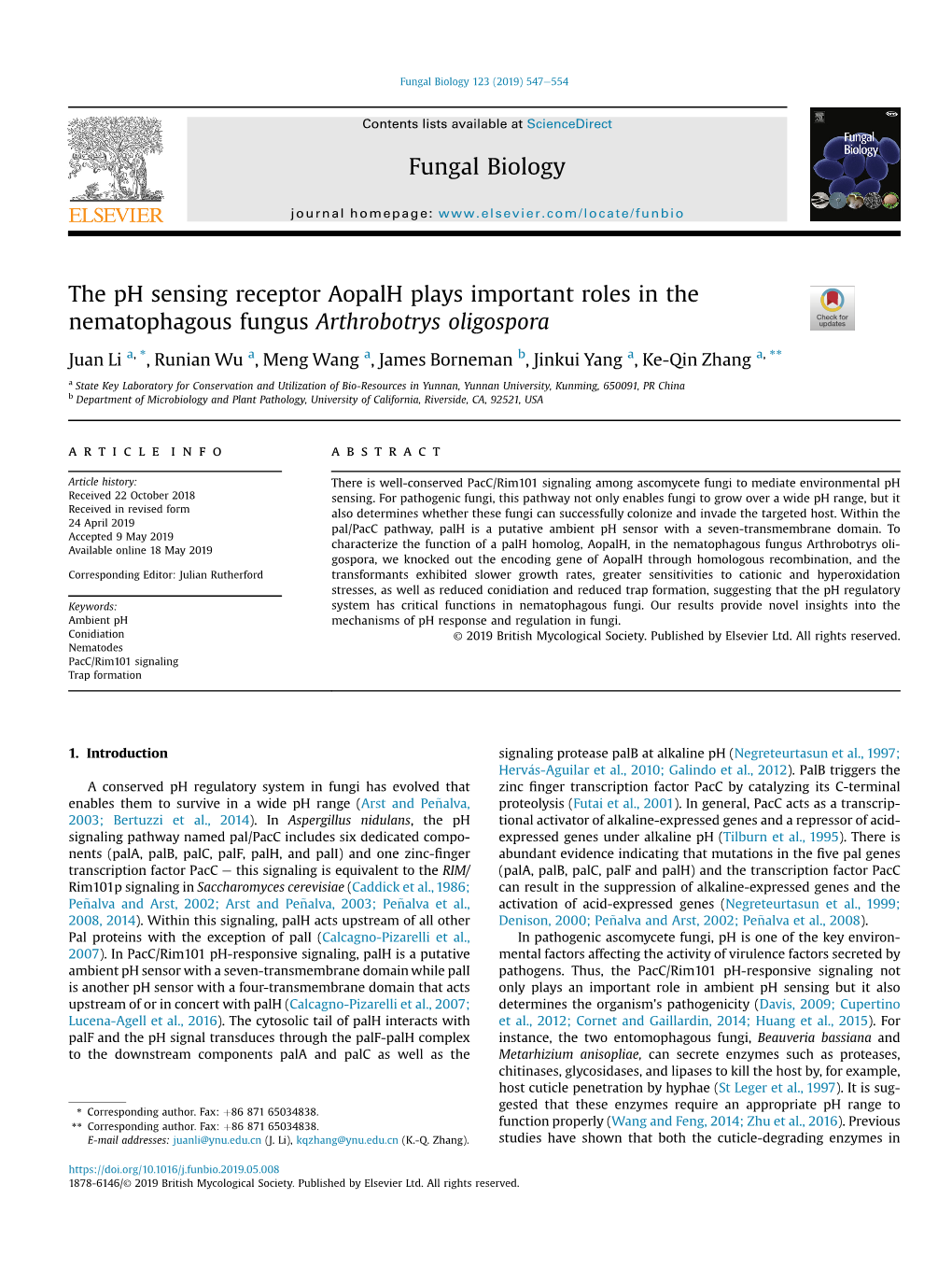 The Ph Sensing Receptor Aopalh Plays Important Roles in the Nematophagous Fungus Arthrobotrys Oligospora