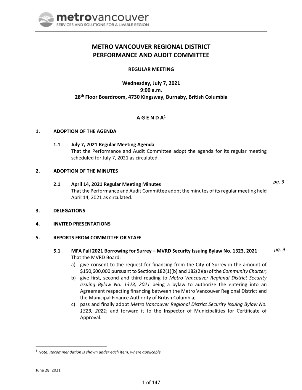 Performance and Audit Committee Meeting Agenda