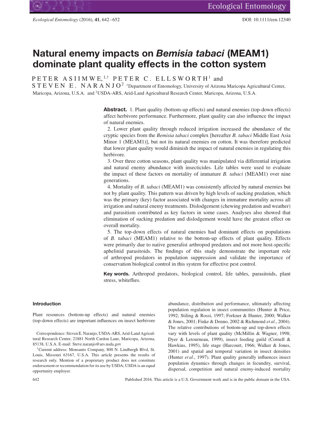 Natural Enemy Impacts on Bemisia Tabaci (MEAM1) Dominate Plant Quality Effects in the Cotton System