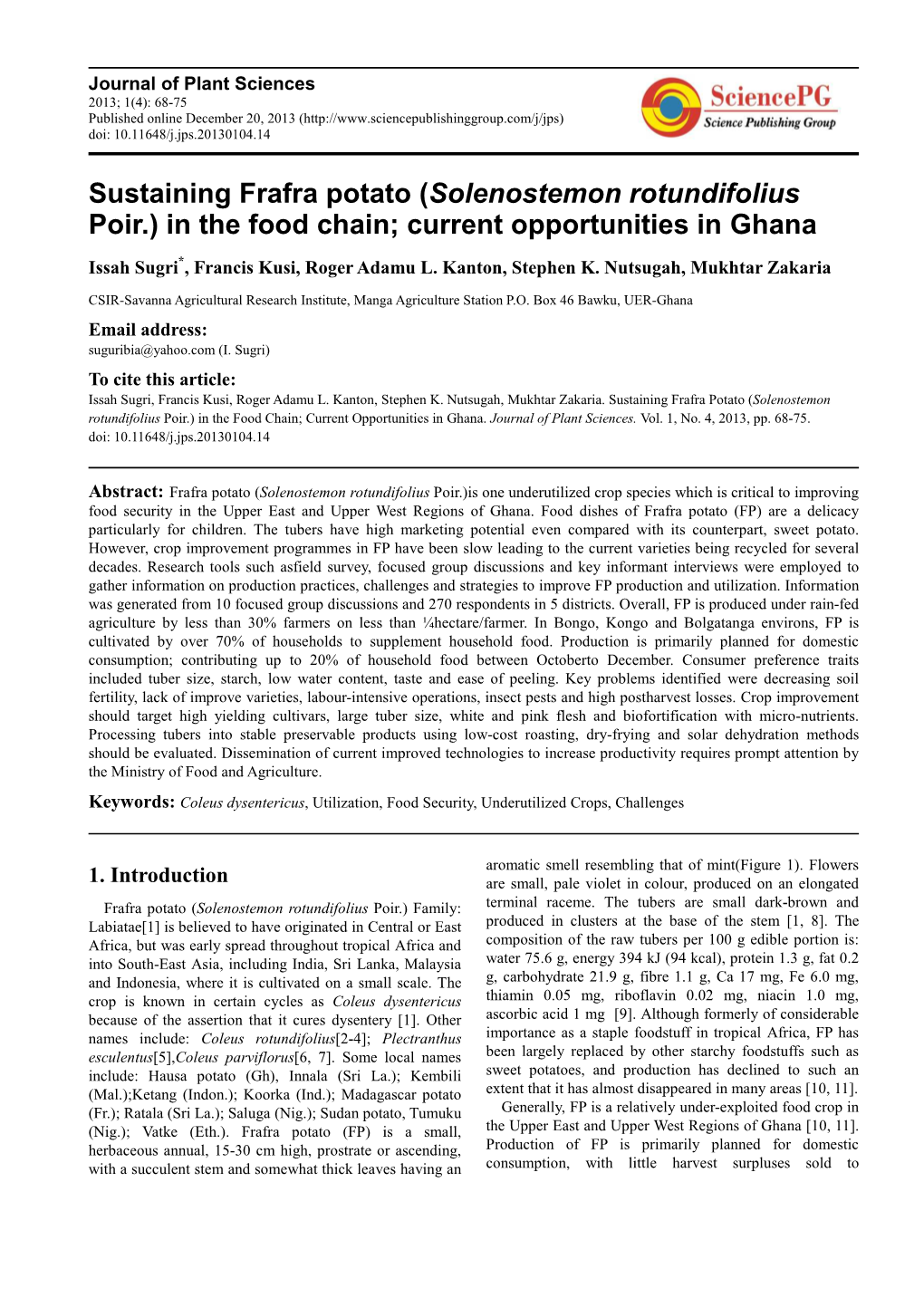 Solenostemon Rotundifolius Poir.) in the Food Chain; Current Opportunities in Ghana