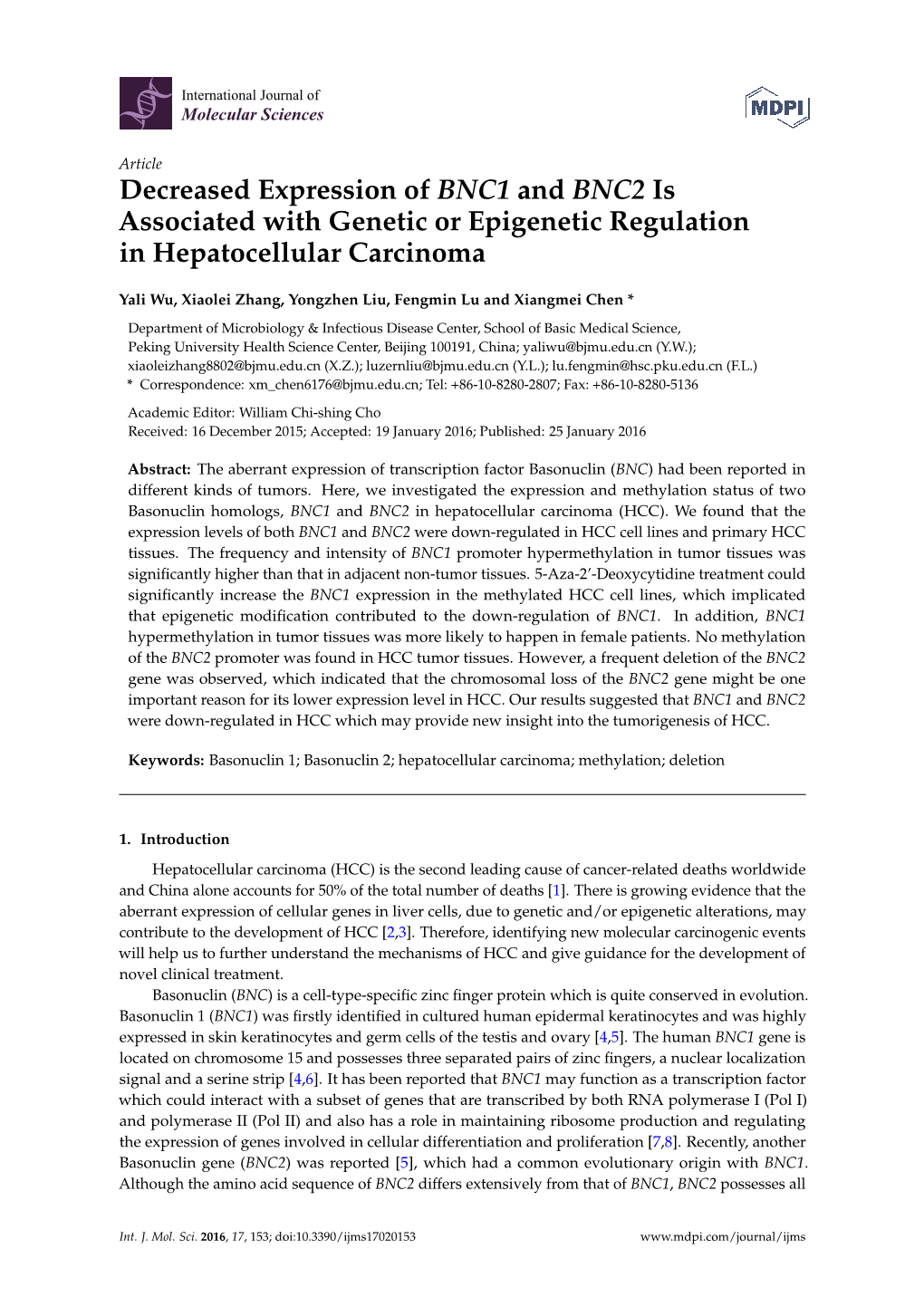 Decreased Expression of BNC1 and BNC2 Is Associated with Genetic Or Epigenetic Regulation in Hepatocellular Carcinoma