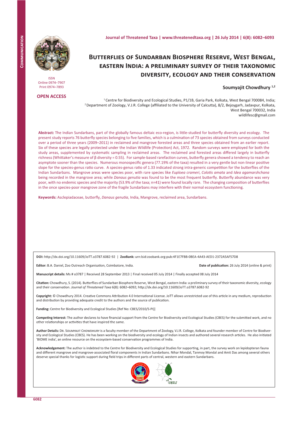 Butterflies of Sundarban Biosphere Reserve, West Bengal, Eastern India: a Preliminary Survey of Their Taxonomic Diversity, Ecology and Their Conservation