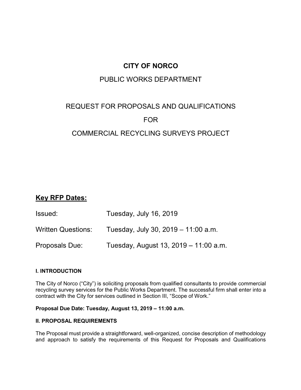 City of Norco Public Works Department Request For