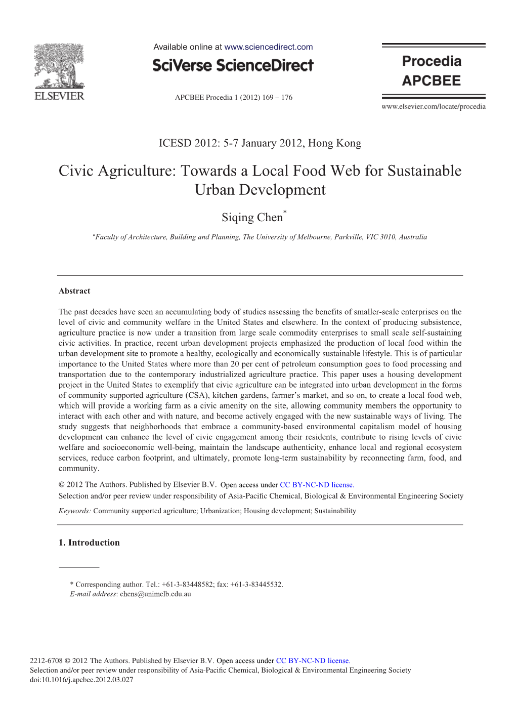 Civic Agriculture: Towards a Local Food Web for Sustainable Urban Development