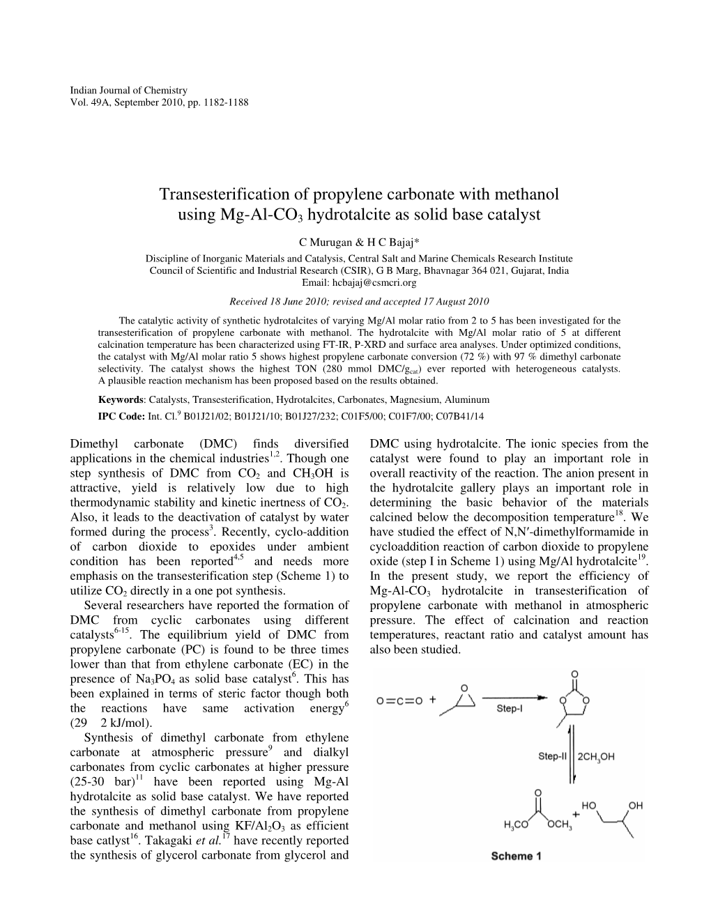 Transesterification of Propylene Carbonate with Methanol Using Mg-Al-CO 3 Hydrotalcite As Solid Base Catalyst