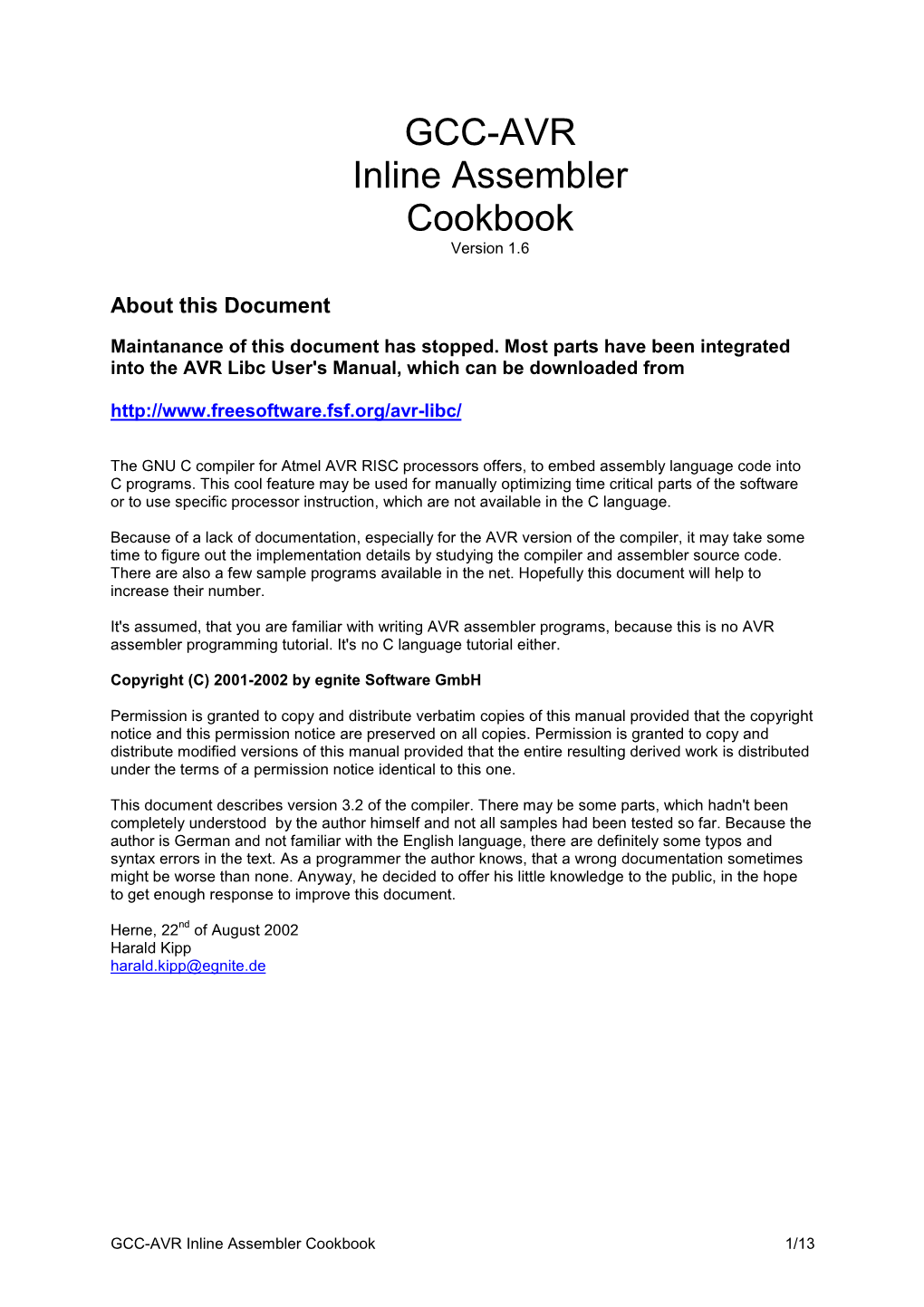 GCC-AVR Inline Assembler Cookbook Version 1.6