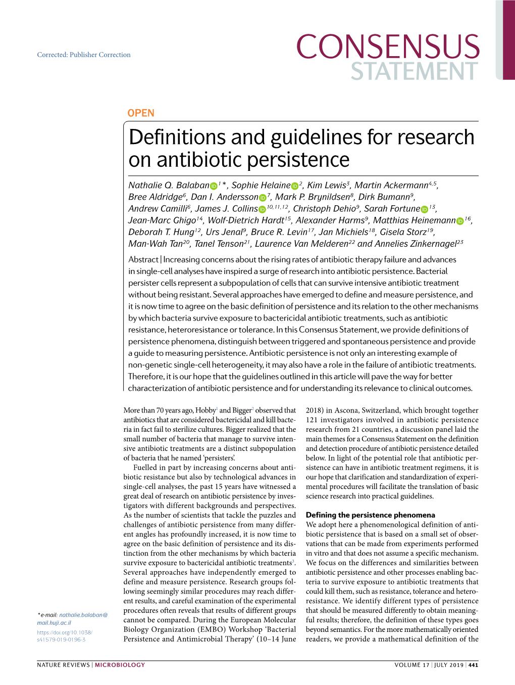 Definitions and Guidelines for Research on Antibiotic Persistence