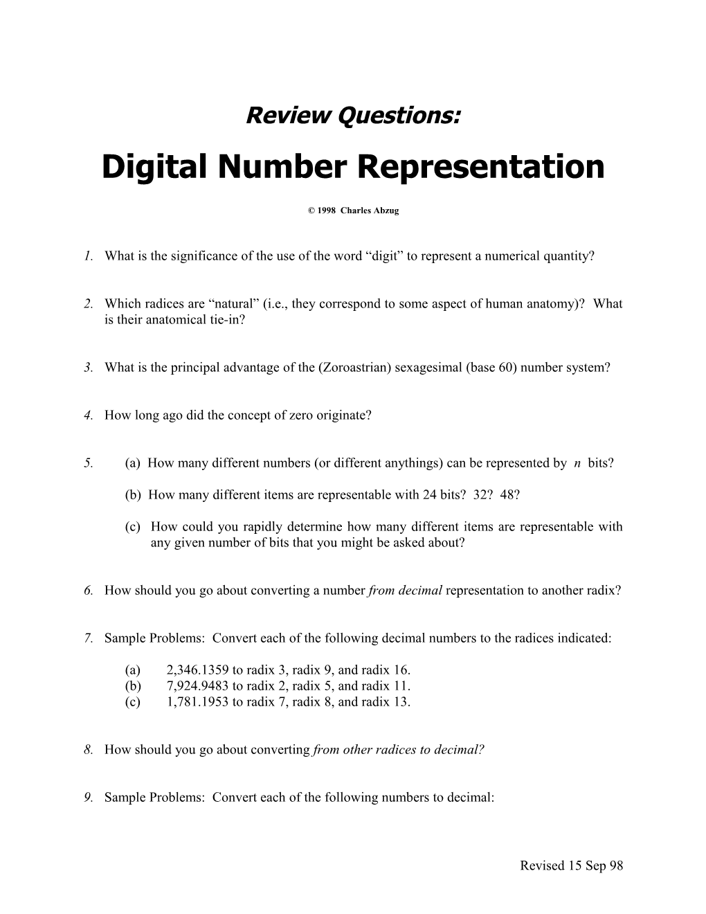 Review Questions: Digital Number Representation