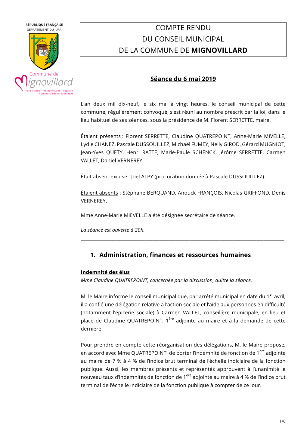 Compte Rendu Du Conseil Municipal De La Commune De Mignovillard